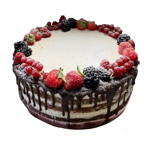 Naked Cake Schoko 26cm 12 Stücke Kuchen mit Beeren am oberen Rand