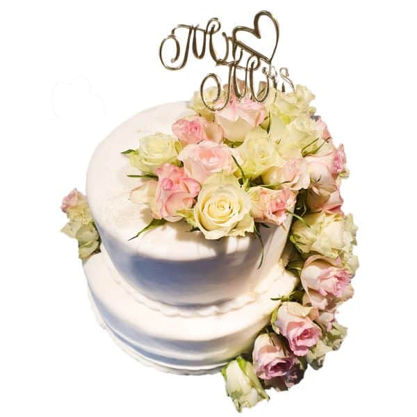 Hochzeitstorte zweistöckig mit weiß-rosa Rosengirlande (echte Blumen)
