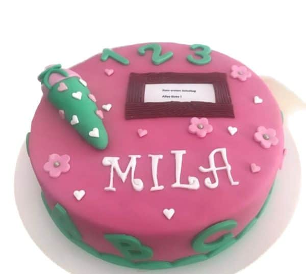 Torte rund mit Fondant ABC schlicht und Blumen