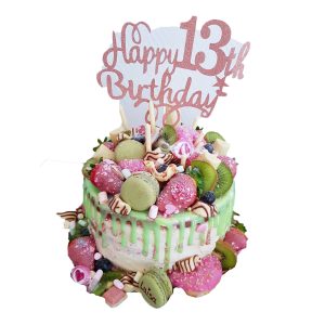 Naked Cake Happy 13th Birthday 20cm 6 Stücke Kuchen grün mit Macarons, Süßigkeiten und Kiwi