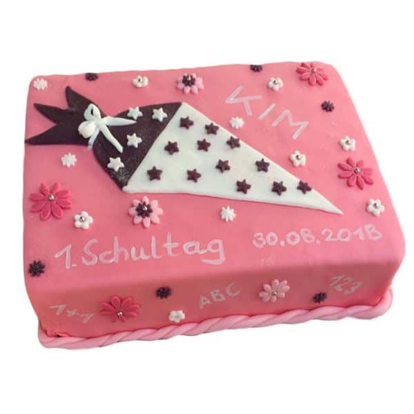 Torte rechteckig rosa mit ausgestochener Schultüte und Blumen
