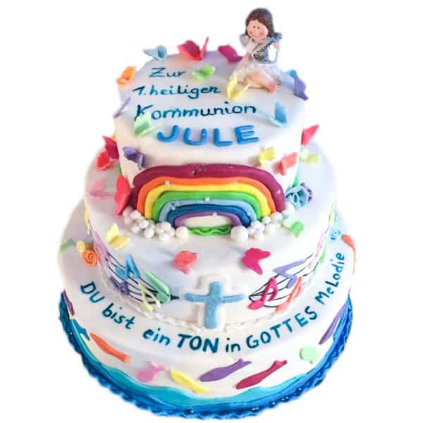 Dreistöckige Kommunionstorte "Ton in Gottes Melodie" mit Regenbogen, Fischen und Schmetterlingen