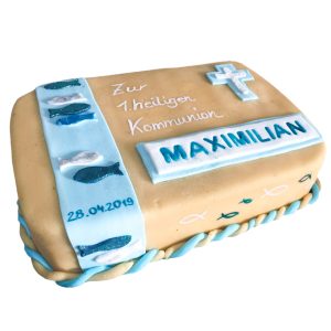 Rechteckige Torte Kreuz, Fischdekor und Marzipan-Überzug