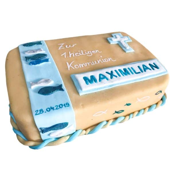 Rechteckige Torte Kreuz, Fischdekor und Marzipan-Überzug