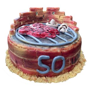 Torte gemauerter Grill mit Grillgut - Pilze und Steak