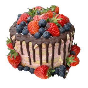 Naked Cake mit Schokoüberzug, Heidelbeeren und Erdbeeren