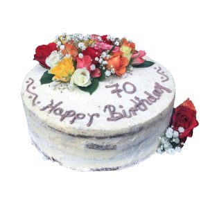 Naked Cake Happy Birthday mit Rosen und Schleierkraut