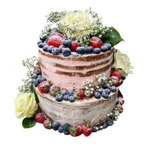 Hochzeitstorte zweistöckig naked mit weißen Rosen, Schleierkraut und Beeren
