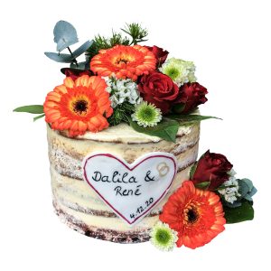 Hochzeitstorte doppelte Höhe naked mit Herz und Blumendekor