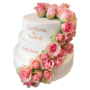 Hochzeitstorte dreistöckig Fondant mit Rosengirlande