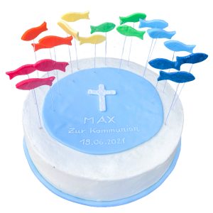 Torte Kommunion schwebende bunte Fische weiß/blau