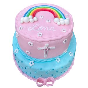 Torte Kommunion zweistöckig "Regenbogen über Wolken" blau-rosa