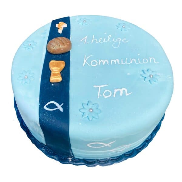 Runde Torte mit Kreuz, Brot, Kelch und Fisch
