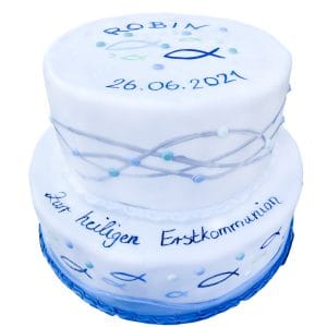 Zweistöckige Torte weiß mit Zierwellen und blauen Fischen