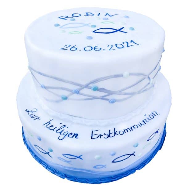 Zweistöckige Torte weiß mit Zierwellen und blauen Fischen