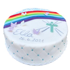 Regenbogentorte mit Perlen-Zierrand, Kreuz und Schmetterlingen