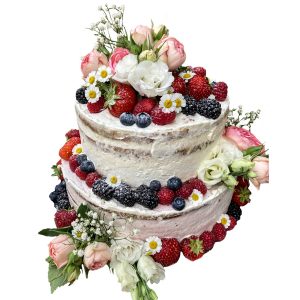 Hochzeittorte zweistöckig naked mit Beeren und Blumendekor