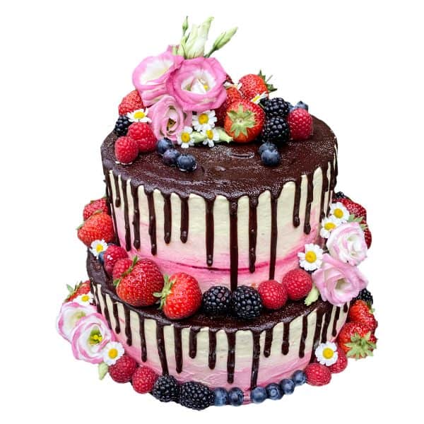 Hochzeitstorte zweistöckig naked mit Schokoüberzug, Beeren und Blumendekor