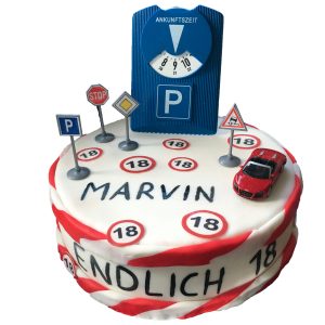 Torte 18. Geburtstag - Führerschein-Torte mit Parkscheibe, Verkehrsschildern und Auto