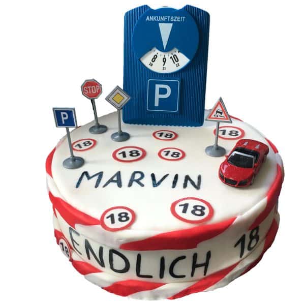 Torte 18. Geburtstag - Führerschein-Torte mit Parkscheibe, Verkehrsschildern und Auto