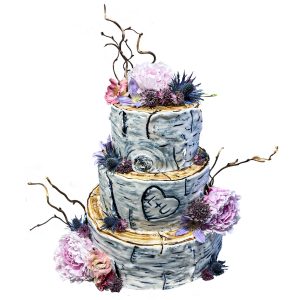 Hochzeitstorte dreistöckig "Baumscheiben" mit Blumen- und Astdekor