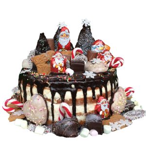 Weihnachtstorte naked mit Schokoüberzug, Weihnachtsmännern, Tannenbäumen und Gebäck