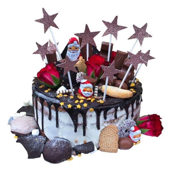 Weihnachtstorte naked "Sterne" mit Schokoüberzug, Rosen, Weihnachtsmännern, und Süßigkeiten