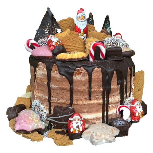 Weihnachtstorte naked mit Schokoüberzug, Weihnachtsmännern, Spekulatius und Weihnachtsgebäck