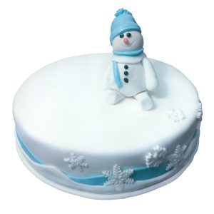Weihnachtstorte "Schneemann" weißer Fondant mit Schneeflockendekor