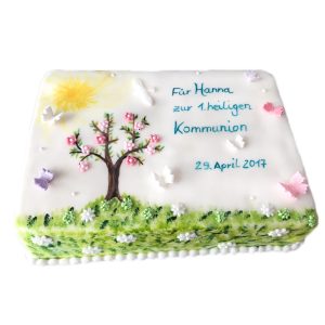 Kommunionstorte "Frühlingswiese" mit Rasen, Baum mit Blüten und Sonne