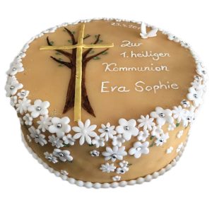 Kommunionstorte "Baum mit Kreuz" mit Blütendekor am Rand (Marzipan)