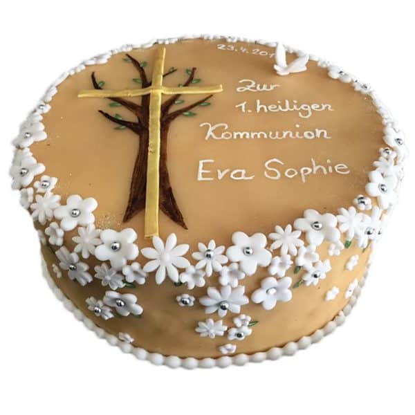 Kommunionstorte "Baum mit Kreuz" mit Blütendekor am Rand (Marzipan)