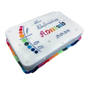 Konfirmationstorte "bunte Kreise und Kugeln" mit Kreuz, Ähre, Taube, Fisch und Wellen