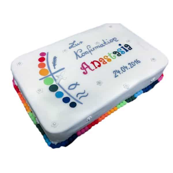 Konfirmationstorte "bunte Kreise und Kugeln" mit Kreuz, Ähre, Taube, Fisch und Wellen