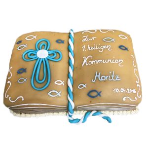 Kommunionstorte "Buch" mit Kreuz aus Fondantschnüren und Fischdekor (Marzipan)