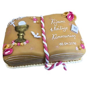 Kommunionstorte "Kelch" mit Rosenkranz, Taube und Bibel
