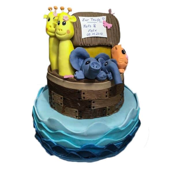 Tauftorte zweistöckig "Arche" mit modellierten Tierfiguren