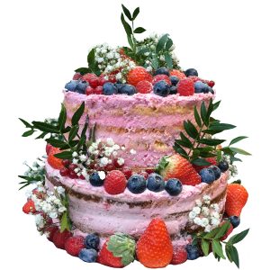 Hochzeitstorte zweistöckig naked mit gemischten Beeren, Zweigen und Schleierkraut