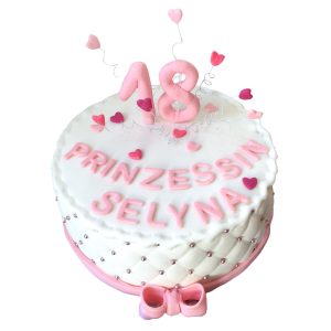 Torte 18. Geburtstag - Prinzessin mit Herzen, Schleife und Perlenverzierung am Rand