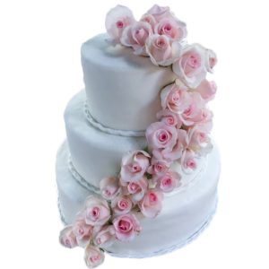 Hochzeitstorte dreistöckig klassisch mit rosa Rosengirlande