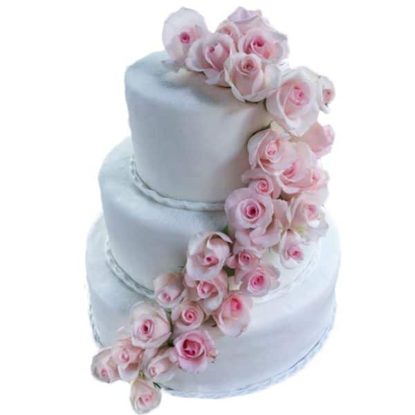 Hochzeitstorte dreistöckig klassisch mit rosa Rosengirlande