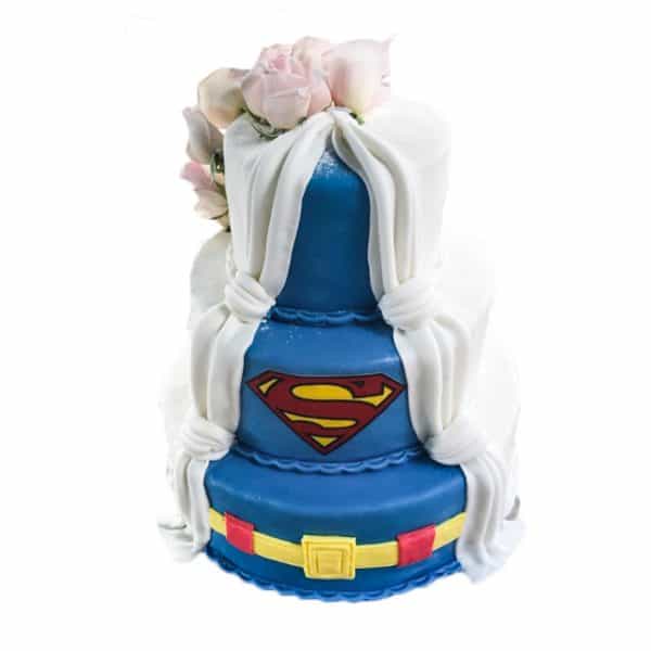 Hochzeitstorte dreistöckig "Superman" mit Rosengirlande auf der Rückseite