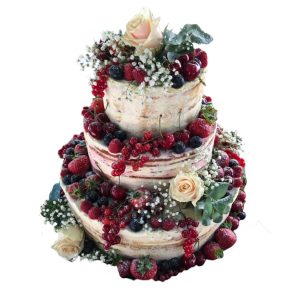 Hochzeitstorte dreistöckig naked mit gemischten Beeren, Rosen und Schleierkraut