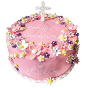 Runde Torte mit Fondant-Blumendekor, Schrift und Kreuz