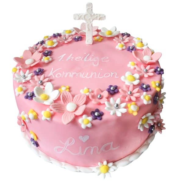 Runde Torte mit Fondant-Blumendekor, Schrift und Kreuz