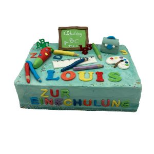 Torte rechteckig Einschulung mit Stiften, Lineal, Ranzen, Schultüte