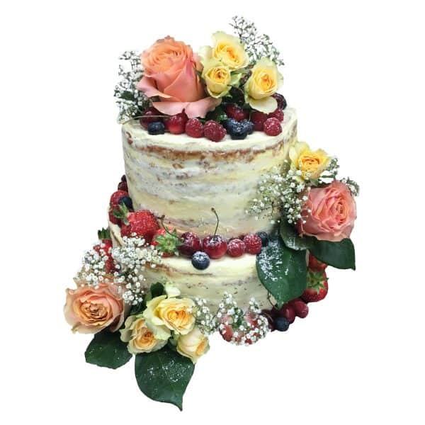 Hochzeitstorte zweistöckig mit gemischten Beeren, Rosendekor und Schleierkraut