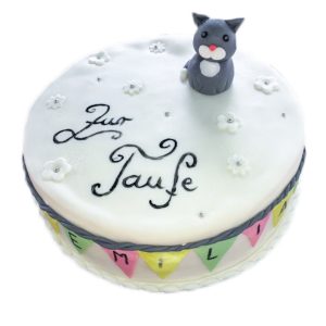 Tauftorte "Katze" mit Rand Wimpel-Verzierung und Blumen