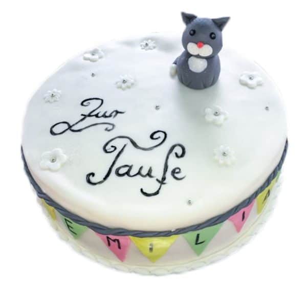 Tauftorte "Katze" mit Rand Wimpel-Verzierung und Blumen
