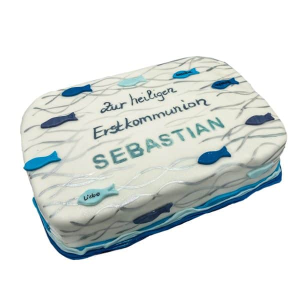 Rechteeckige Kommunionstorte silberne Wellen und blaue Fische